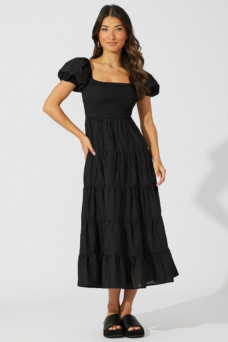 Black Maxi Dress Short Sleeve Shirred Tiered sold by Ally Fashion