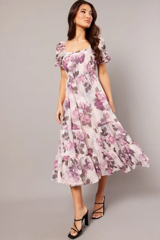 Pink Floral Maxi Dress Puff Sleeve sold by Ally Fashion