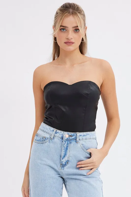 Black Bodysuit Sleeveless Sweetheart Faux Leather sold by Ally Fashion