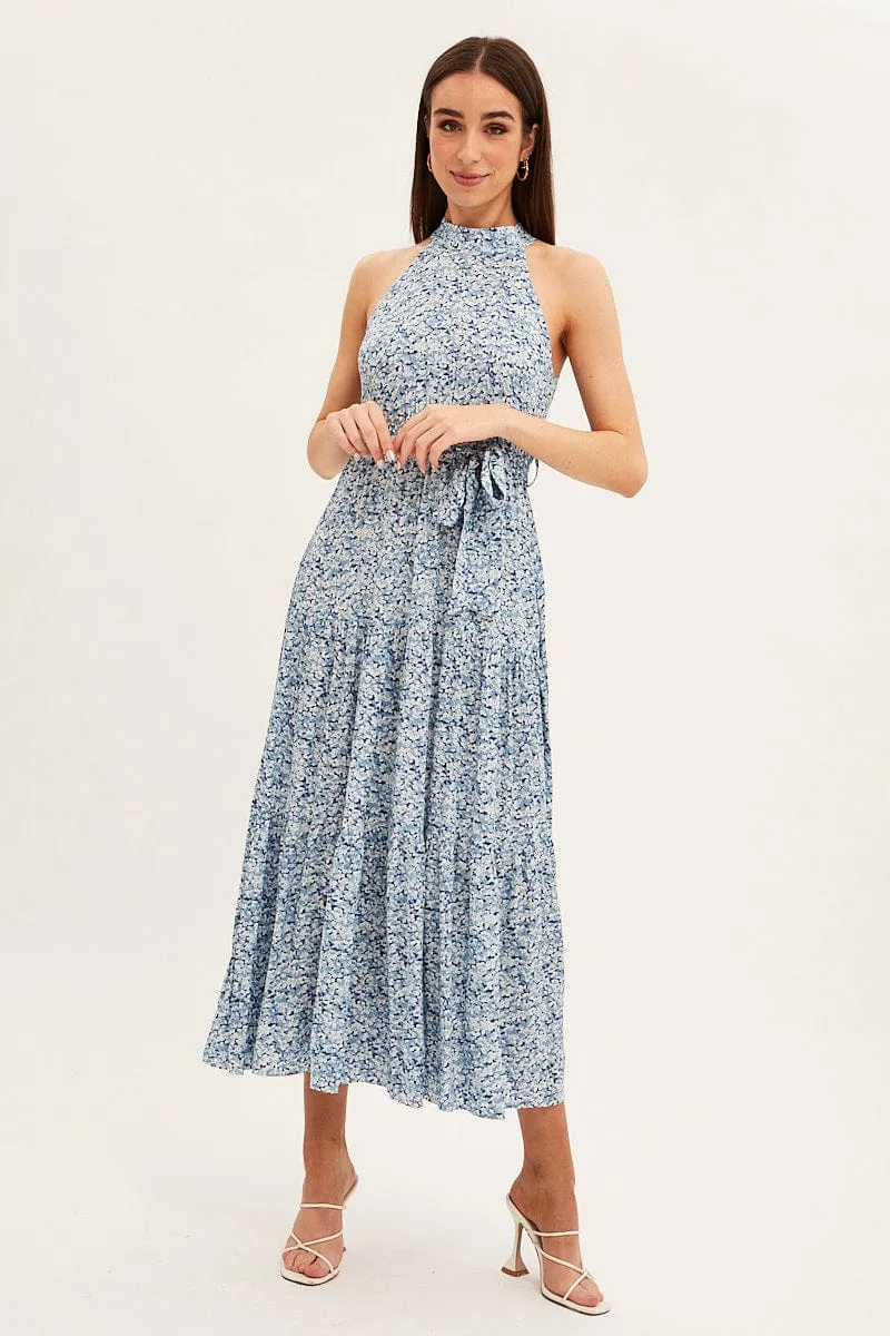 Blue Floral Halter Neck Floral Maxi Dress sold by Ally Fashion