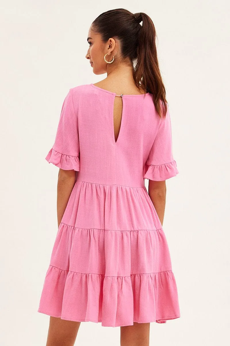 Pink Relaxed Dress Short Sleeve Tiered Linen Blend sold by Ally Fashion product image thumbnail 5