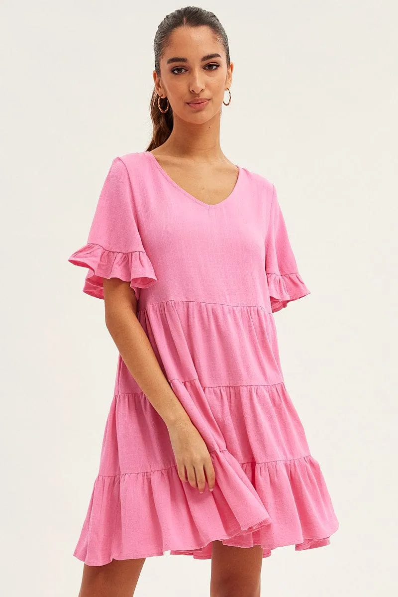 Pink Relaxed Dress Short Sleeve Tiered Linen Blend sold by Ally Fashion product image thumbnail 3