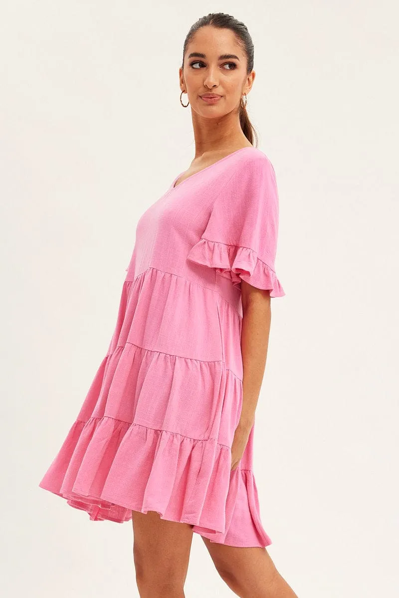 Pink Relaxed Dress Short Sleeve Tiered Linen Blend sold by Ally Fashion product image thumbnail 4