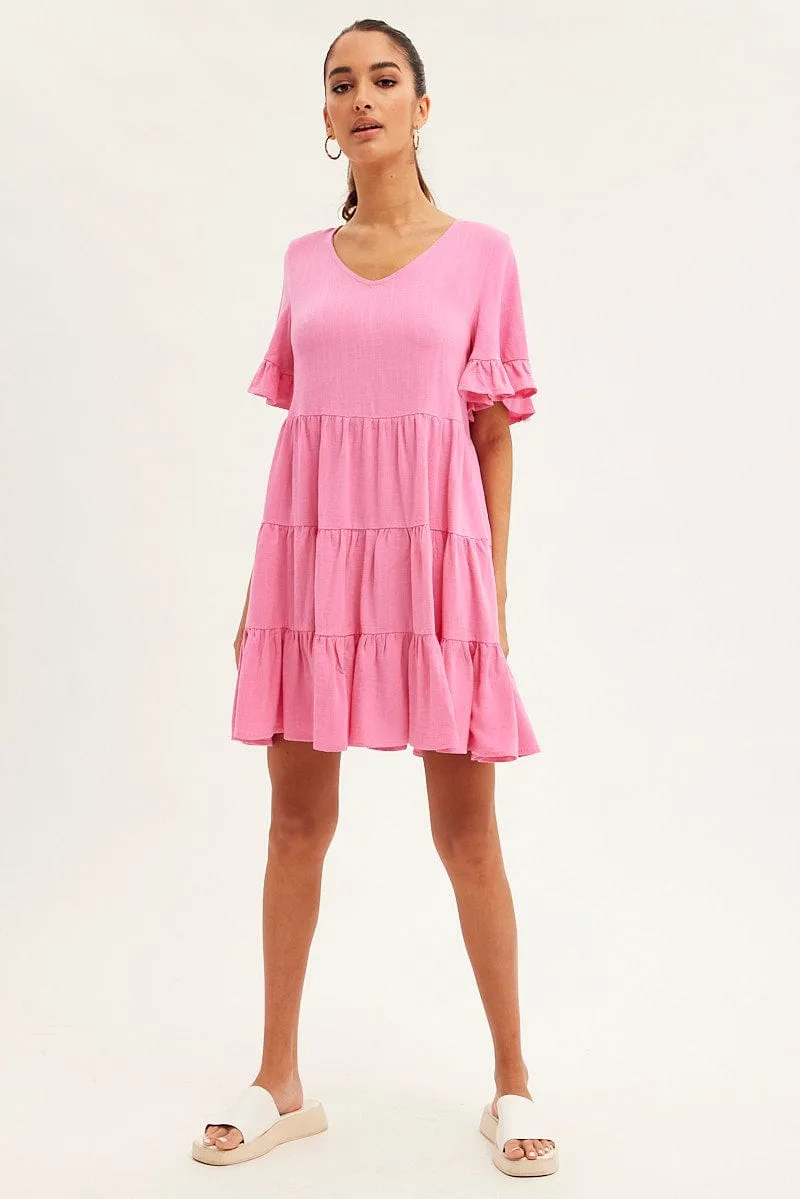 Pink Relaxed Dress Short Sleeve Tiered Linen Blend sold by Ally Fashion