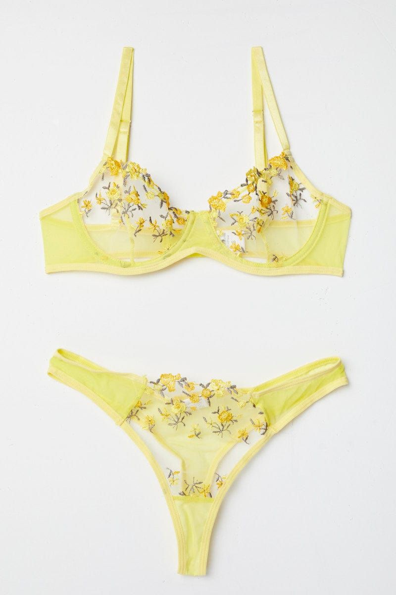 Yellow Floral Embroidery Lingerie Set sold by Ally Fashion
