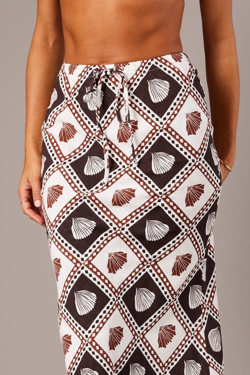 Brown Abstract Slip Skirt Maxi Linen Blend sold by Ally Fashion