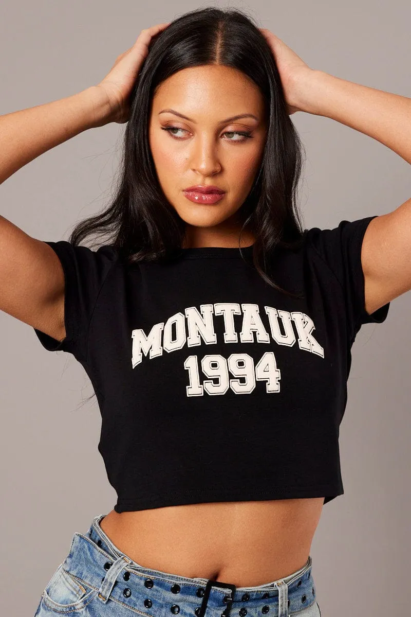 Black Graphic Tee Crop Short Sleeve sold by Ally Fashion product image thumbnail 3