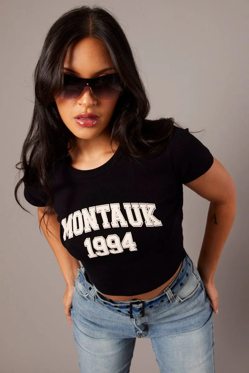 Black Graphic Tee Crop Short Sleeve sold by Ally Fashion