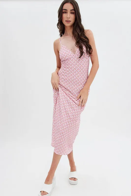 Pink Geo Midi Dress V-Neck Sleeveless sold by Ally Fashion