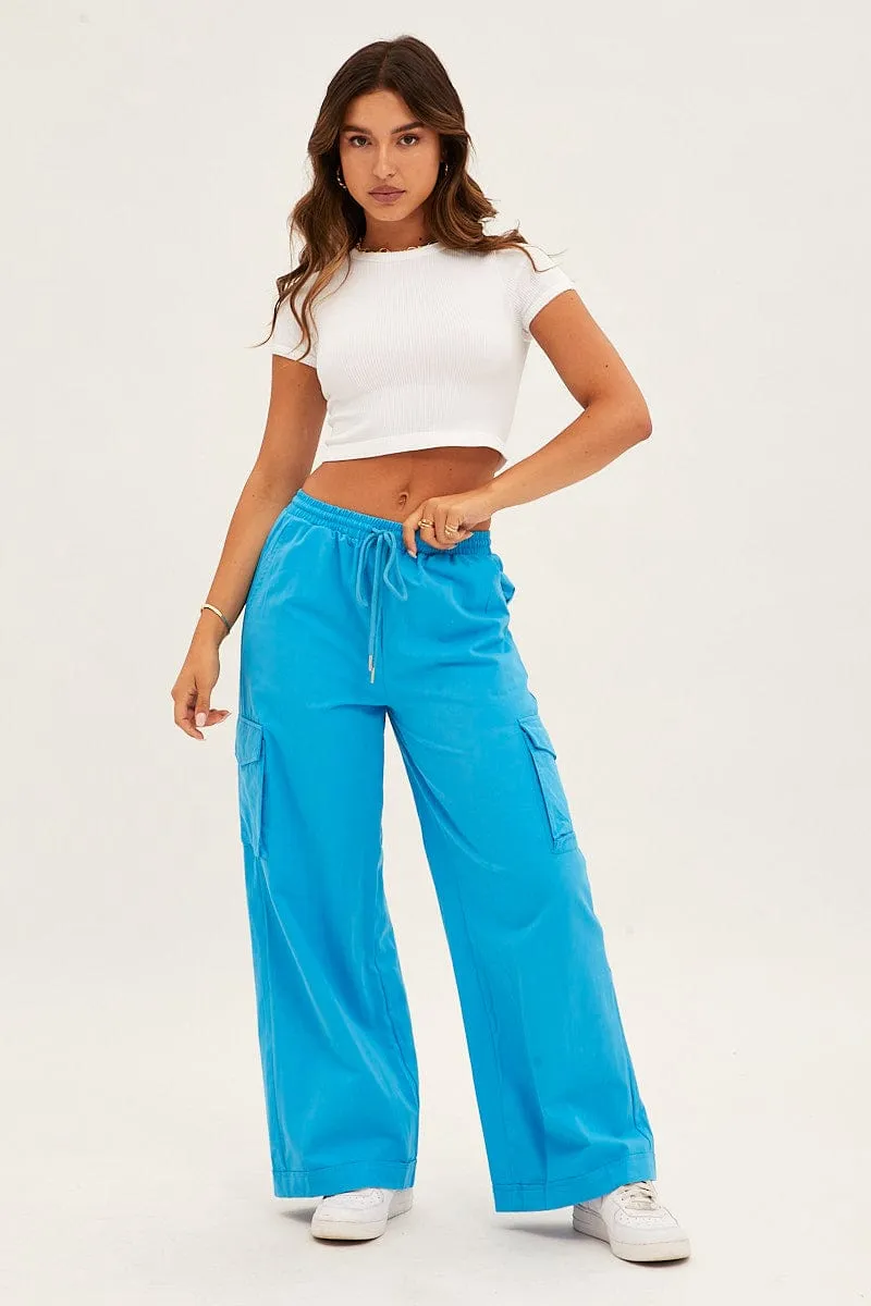 Blue Cargo Pant Wide Leg Elastic Waist Cotton Twill sold by Ally Fashion