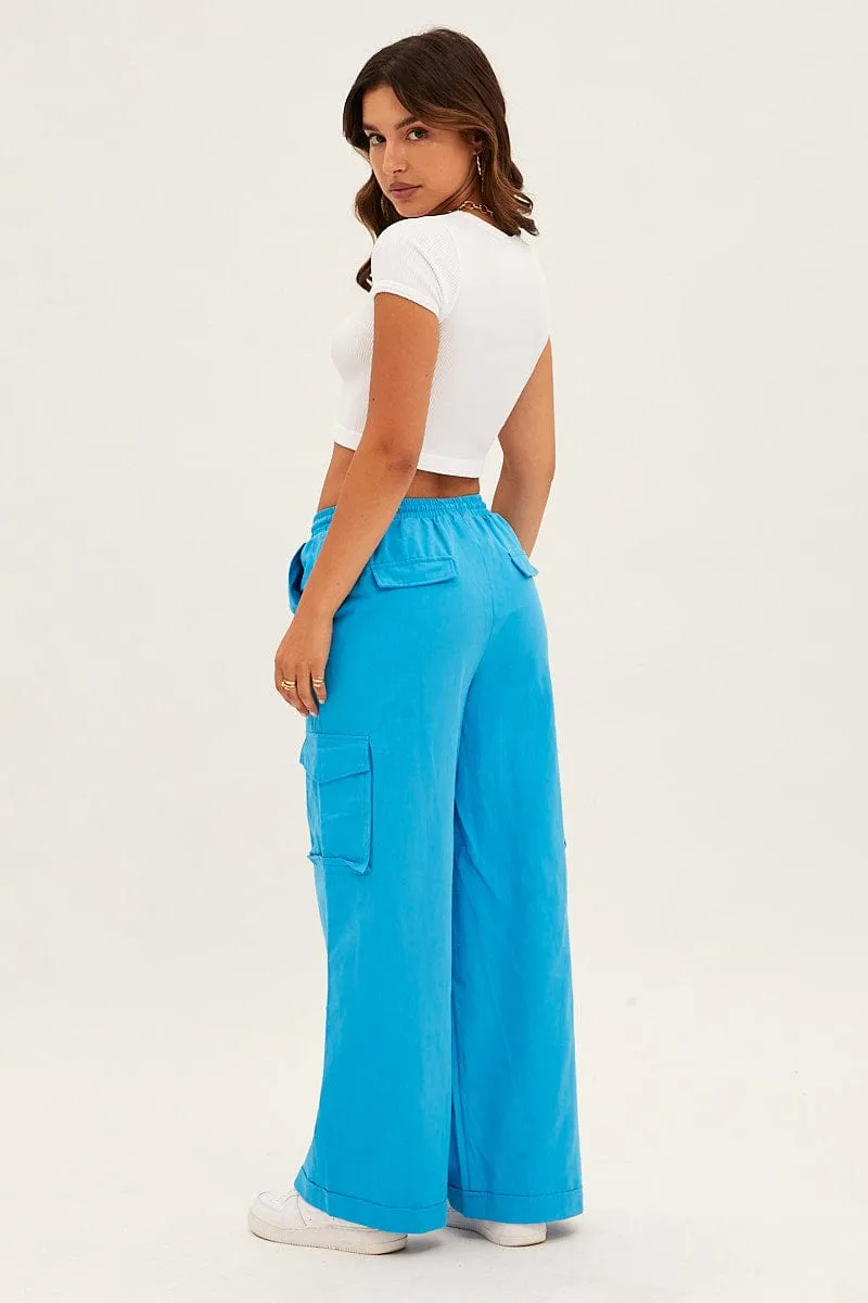 Blue Cargo Pant Wide Leg Elastic Waist Cotton Twill sold by Ally Fashion product image thumbnail 5