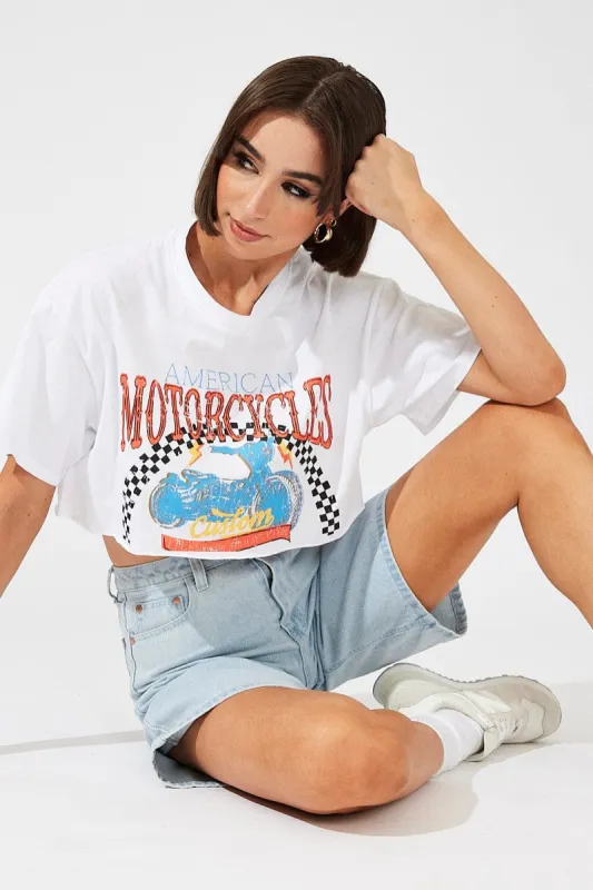 White Motocross Tee Biker Racing Graphic Crop T-Shirt sold by Ally Fashion