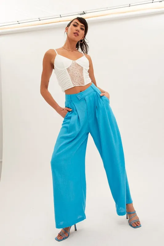 Blue Wide Leg Pants High Rise Linen Blend sold by Ally Fashion