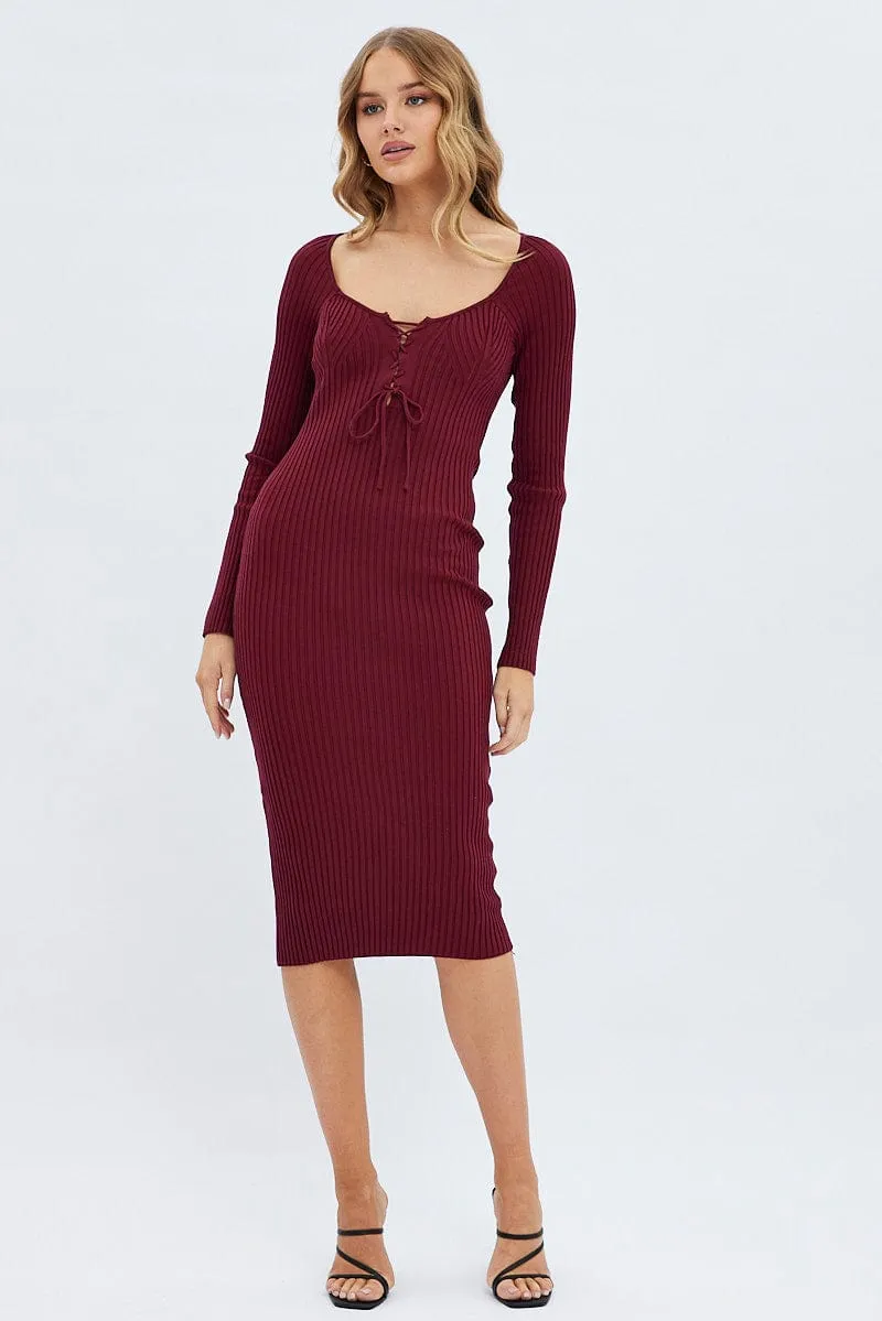 Red Knit Dress Long Sleeve Midi sold by Ally Fashion product image thumbnail 3