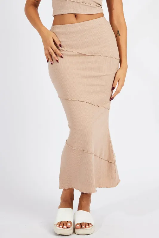 Beige Midi Skirt Bodycon High Rise Rib Jersey sold by Ally Fashion