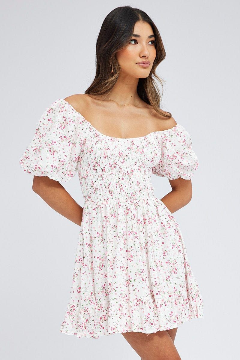 Pink Floral Fit And Flare Dress Shirred Bust Mini sold by Ally Fashion product image thumbnail 3