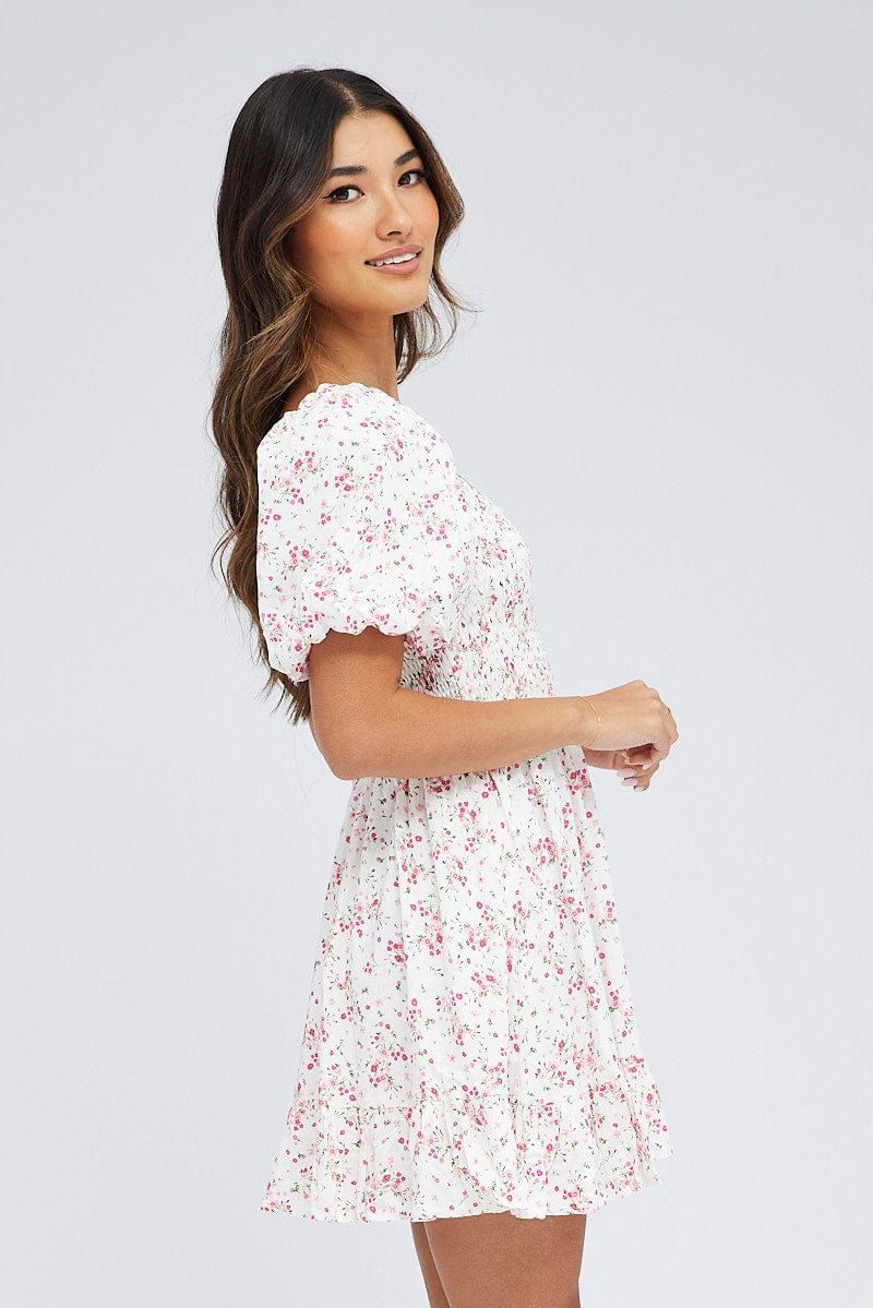 Pink Floral Fit And Flare Dress Shirred Bust Mini sold by Ally Fashion product image thumbnail 4
