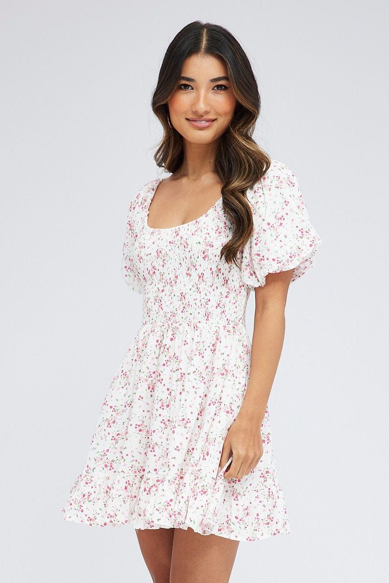 Pink Floral Fit And Flare Dress Shirred Bust Mini sold by Ally Fashion