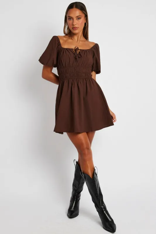 Brown Fit And Flare Dress Puff Sleeve Mini sold by Ally Fashion
