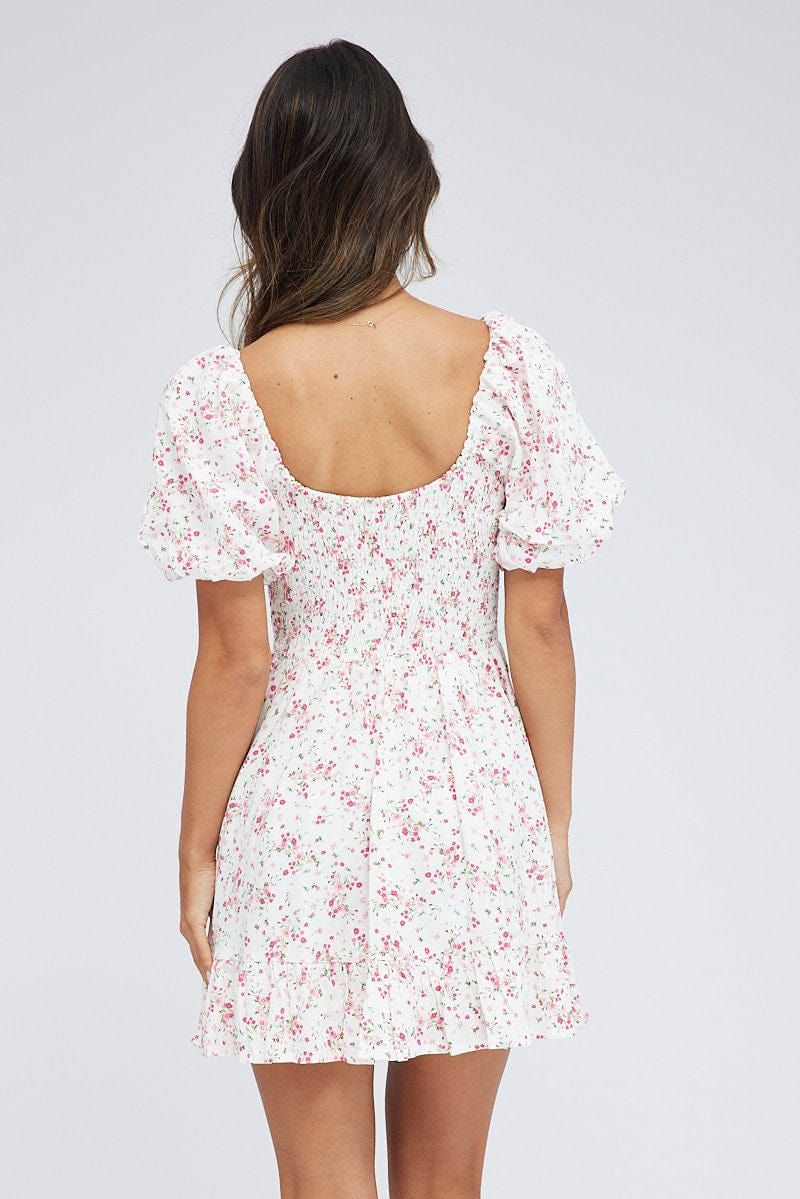Pink Floral Fit And Flare Dress Shirred Bust Mini sold by Ally Fashion product image thumbnail 5