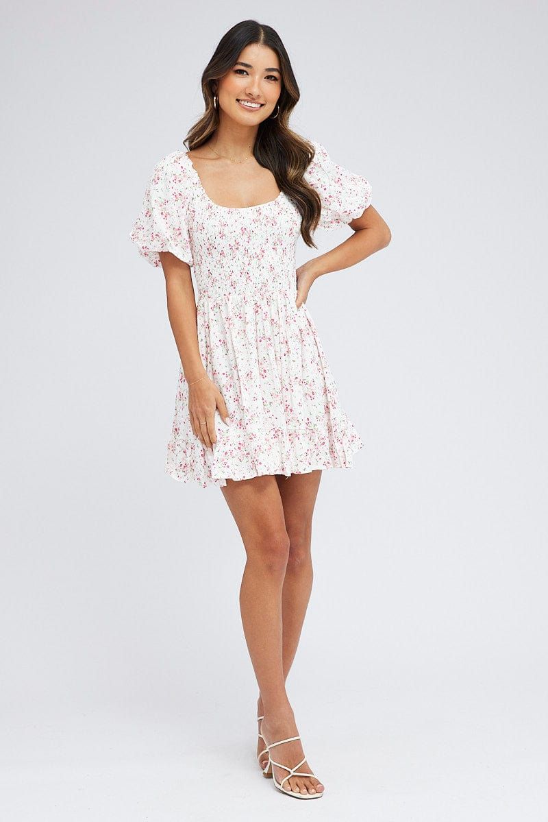 Pink Floral Fit And Flare Dress Shirred Bust Mini sold by Ally Fashion product image thumbnail 2