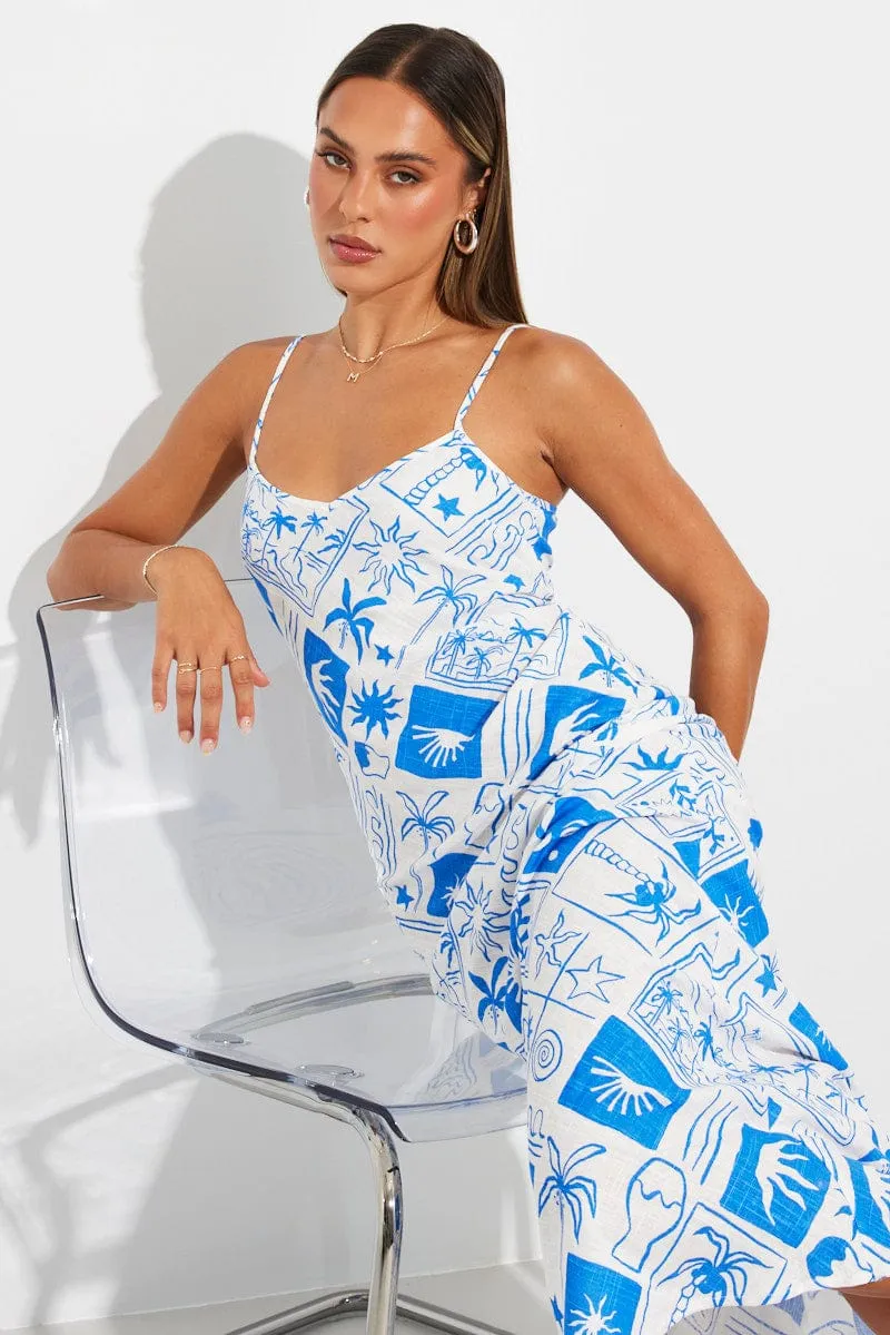 Blue Print Maxi Dress Bias Cut Linen Blend sold by Ally Fashion