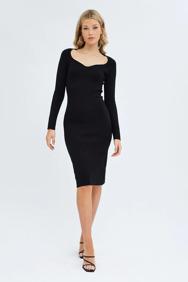 Black Midi Dress Long Sleeve Sweetheart Neckline Knit sold by Ally Fashion product image thumbnail 3
