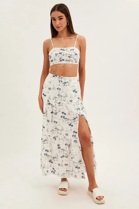 Blue Abstract Maxi Skirt High Waist Split Tiered Printed sold by Ally Fashion