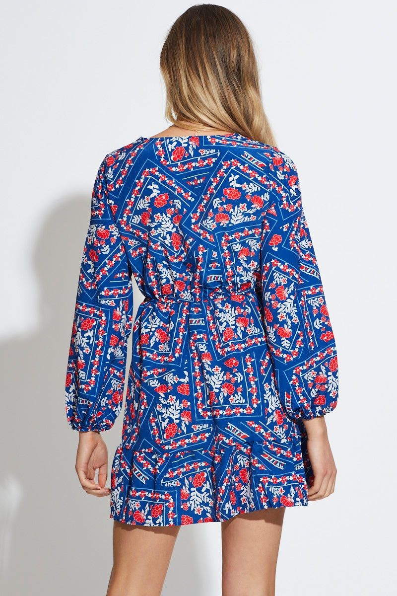 Print Mini Dress Long Sleeve V Neck sold by Ally Fashion product image thumbnail 4