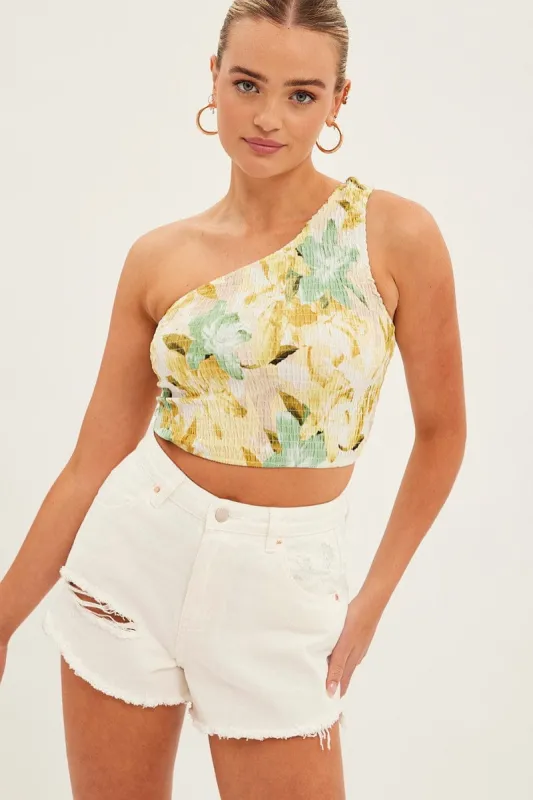 Yellow Floral Crop Top Sleeveless One Shoulder Shirred sold by Ally Fashion