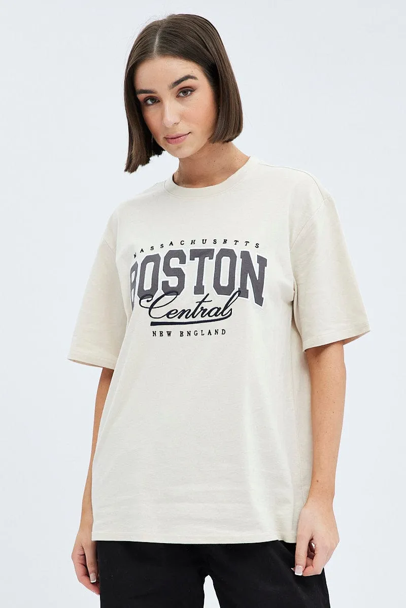 Beige Graphic Tee Short Sleeve Oversized sold by Ally Fashion product image thumbnail 3