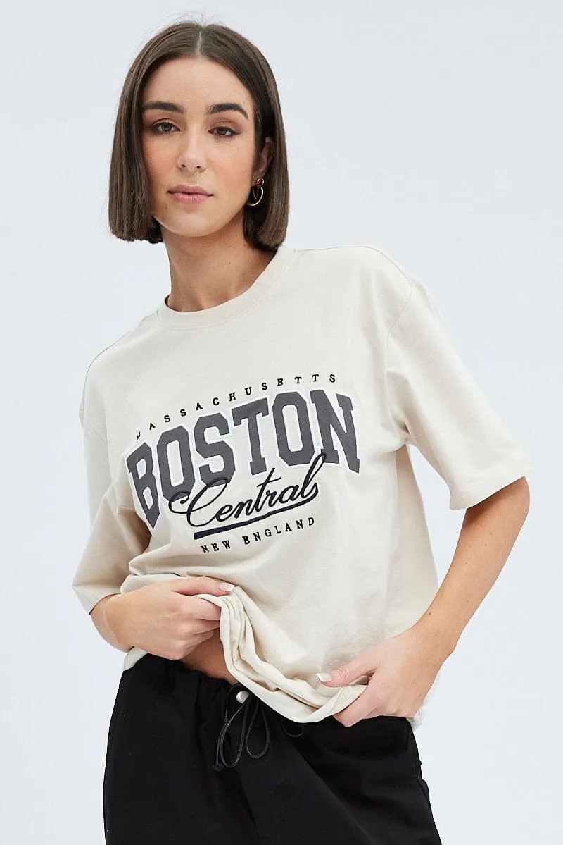 Beige Graphic Tee Short Sleeve Oversized sold by Ally Fashion