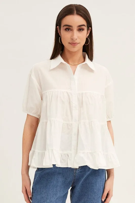 White Collared Shirt Puff Sleeve sold by Ally Fashion