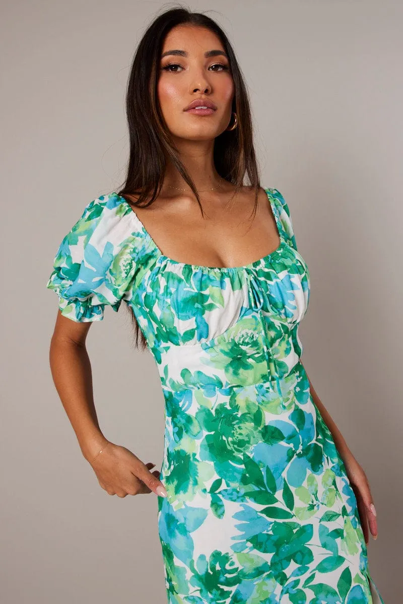 Green Floral Midi Dress Puff Sleeve sold by Ally Fashion product image thumbnail 3