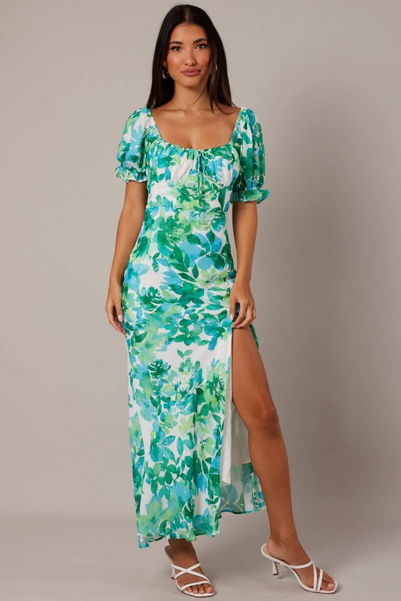 Green Floral Midi Dress Puff Sleeve sold by Ally Fashion