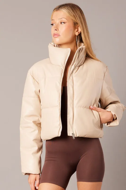 Camel Jacket Zip Thru Long Sleeves Faux Leather sold by Ally Fashion