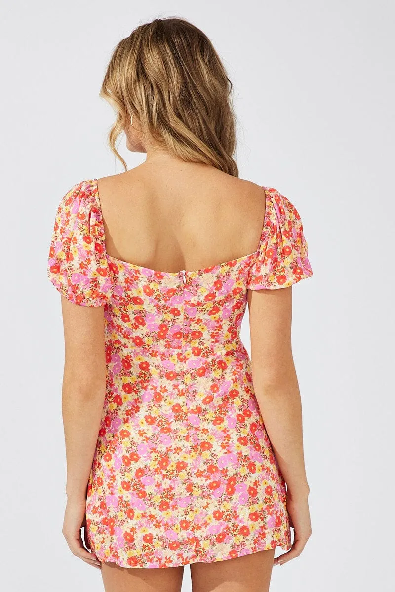 Pink Floral Mini Dress Puff Sleeve sold by Ally Fashion product image thumbnail 5