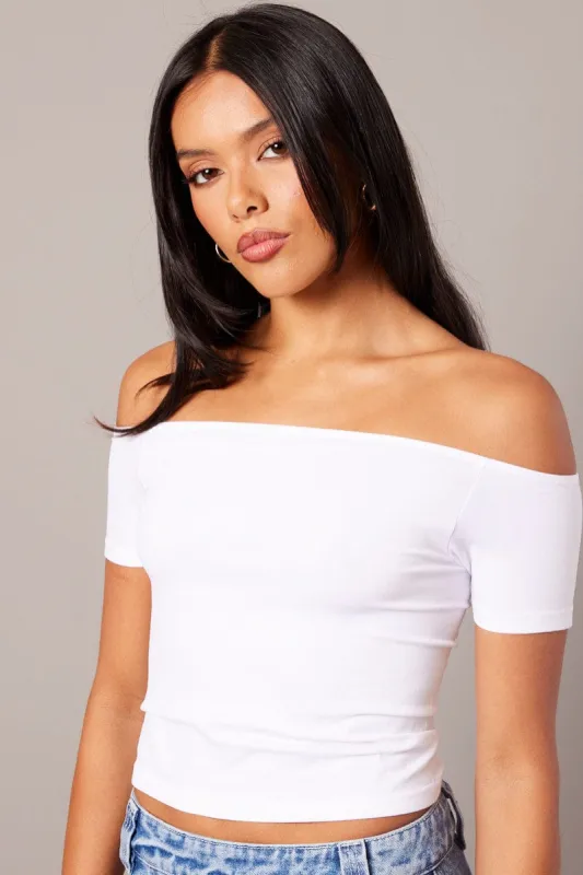 White Off Shoulder Top Short Sleeve Seamless sold by Ally Fashion