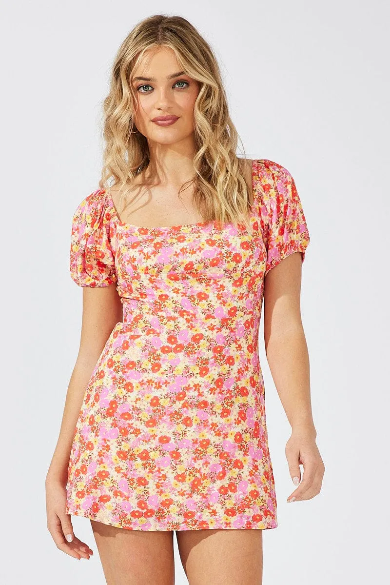 Pink Floral Mini Dress Puff Sleeve sold by Ally Fashion product image thumbnail 3