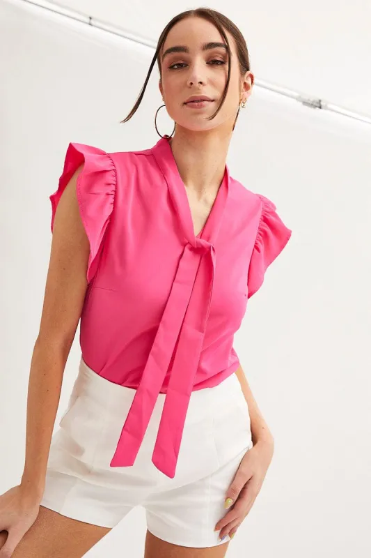 Pink Tie Front Ruffle Sleeve Top sold by Ally Fashion