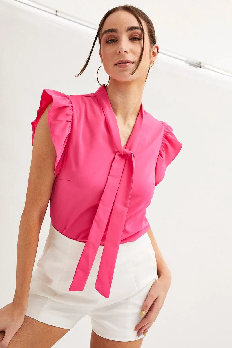 Pink Tie Front Ruffle Sleeve Top sold by Ally Fashion