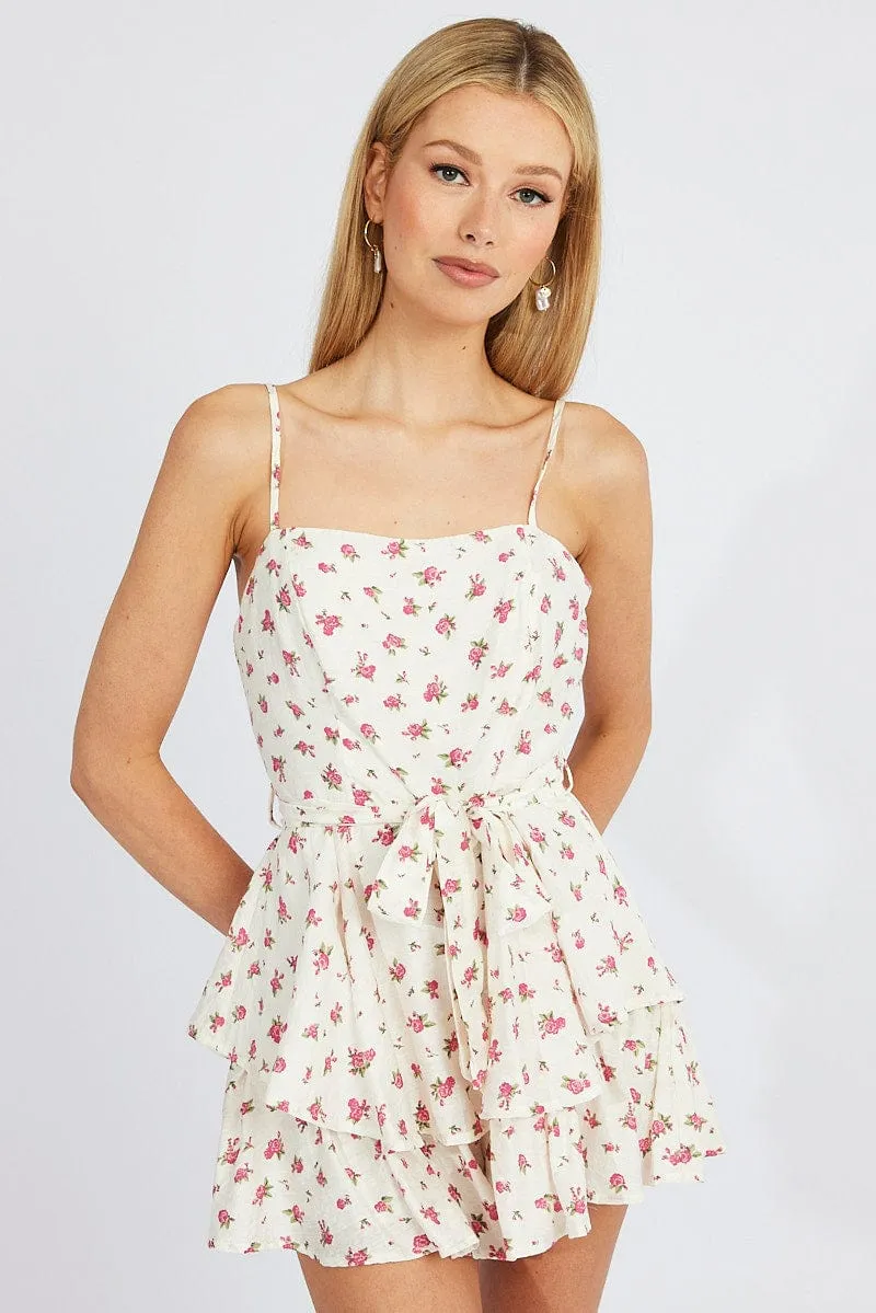 White Floral Fit And Flare Playsuit Square Neck sold by Ally Fashion product image thumbnail 3