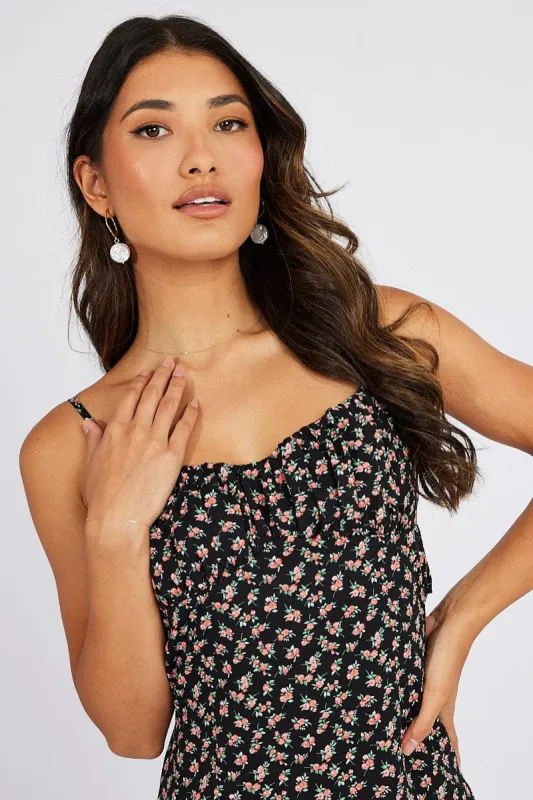 Black Floral Maxi Dress Gathered Bust Strappy sold by Ally Fashion