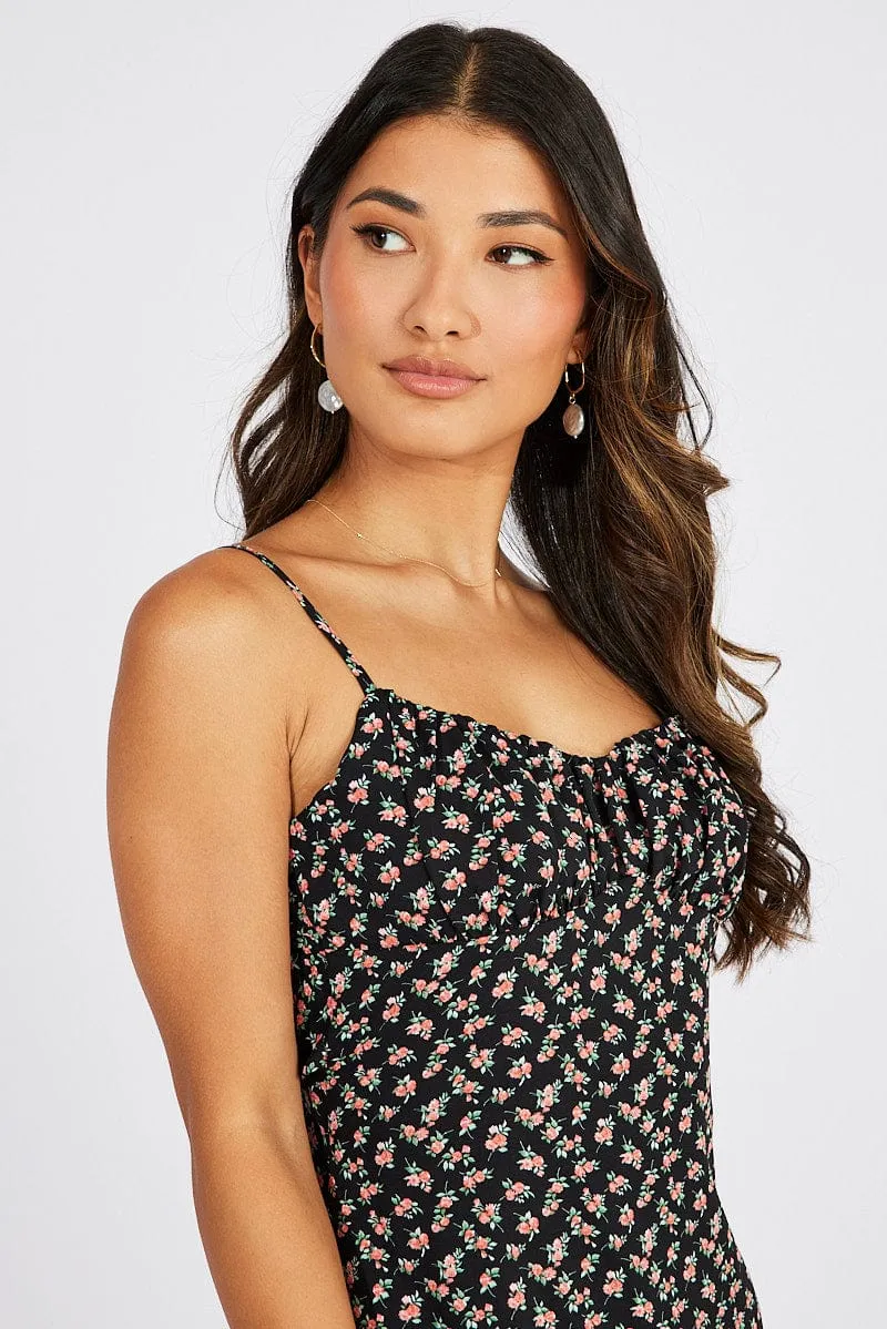 Black Floral Maxi Dress Gathered Bust Strappy sold by Ally Fashion product image thumbnail 3