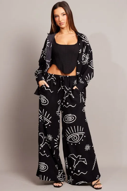 Black Abstract Wide Leg Pants High Rise sold by Ally Fashion