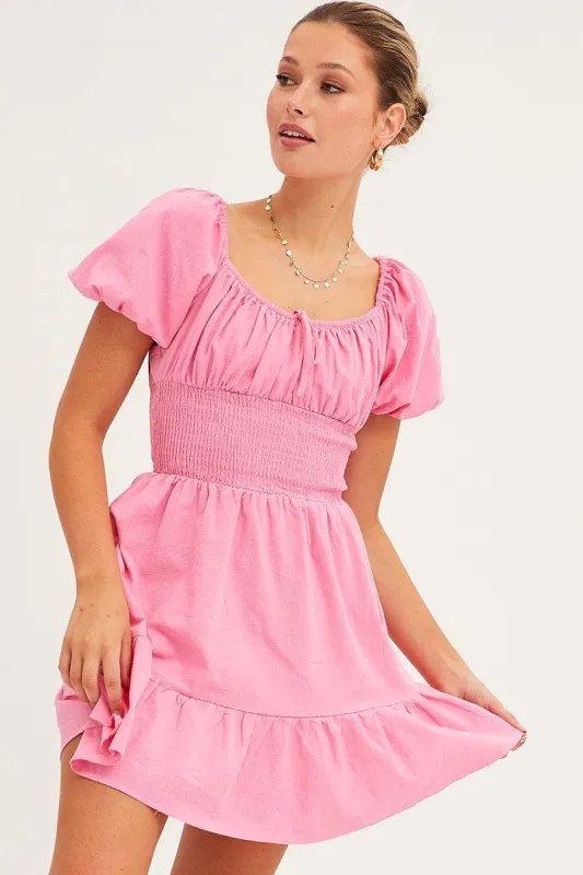 Pink Fit And Flare Dress Short Sleeve Round Neck sold by Ally Fashion