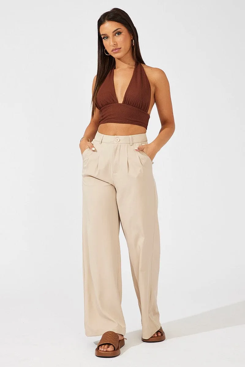 Beige Wide Leg Pants High Rise sold by Ally Fashion product image thumbnail 3