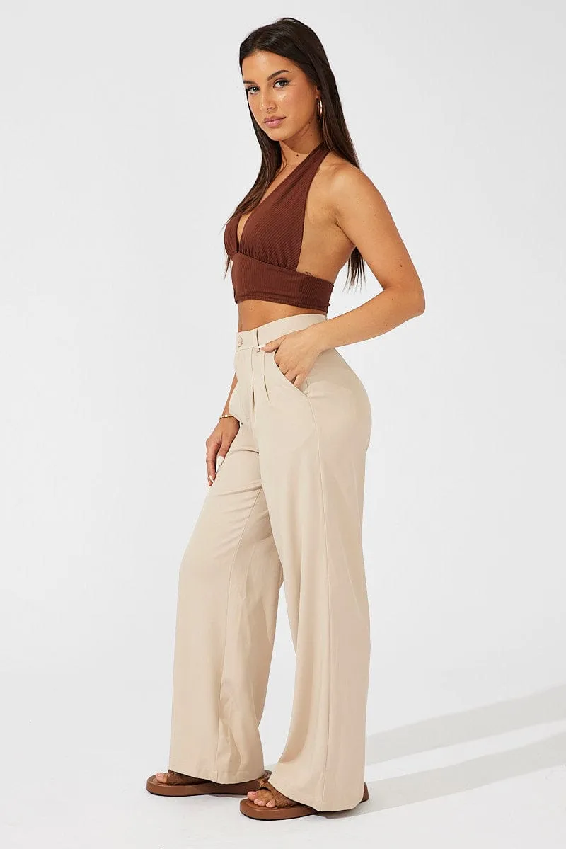 Beige Wide Leg Pants High Rise sold by Ally Fashion product image thumbnail 4