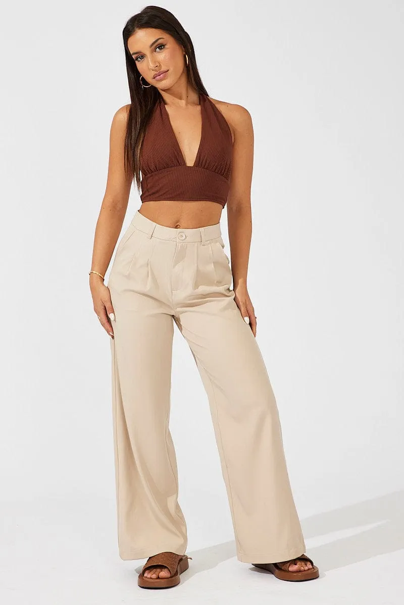 Beige Wide Leg Pants High Rise sold by Ally Fashion