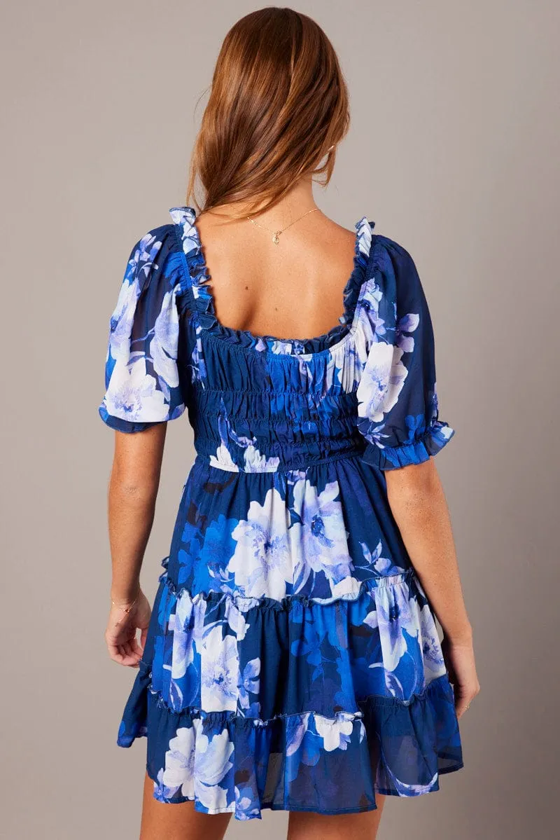 Blue Floral Fit And Flare Dress Puff Sleeve sold by Ally Fashion product image thumbnail 3